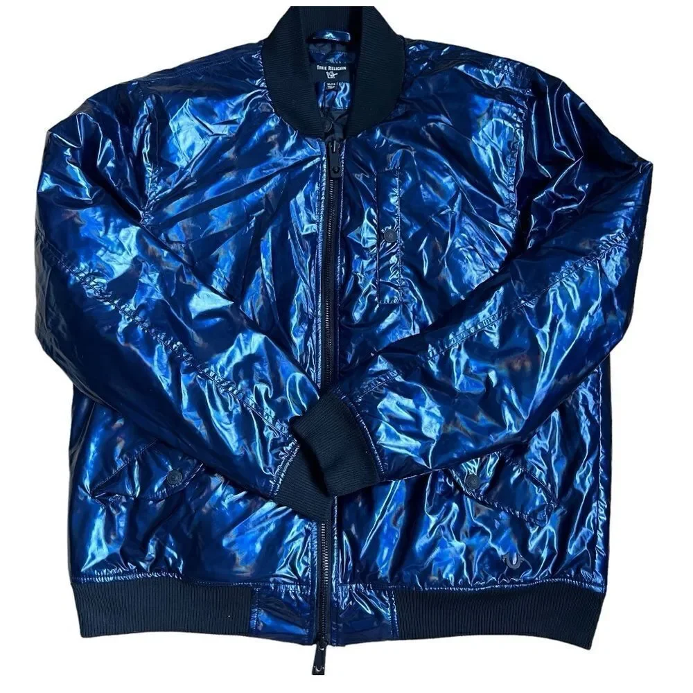 TRUE RELIGION Men's Navy Iridescent Fashion Bomber Jacket Size XL.